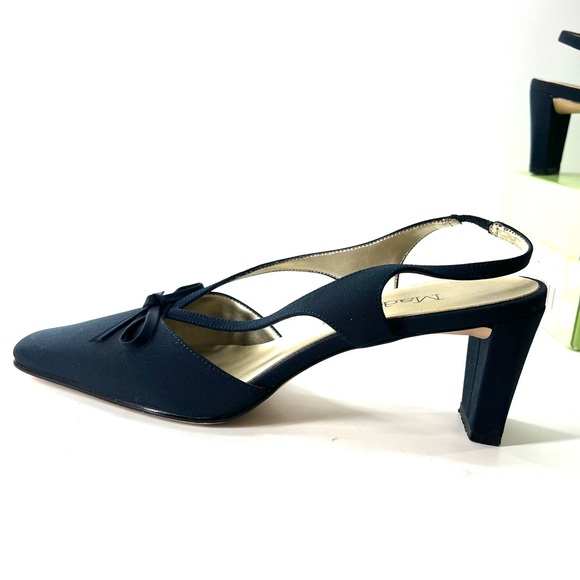 Y2K Madeline Bow Square Toe Sling Back Heels 8.5 navy Fabric Chunky Heel - Picture 4 of 15